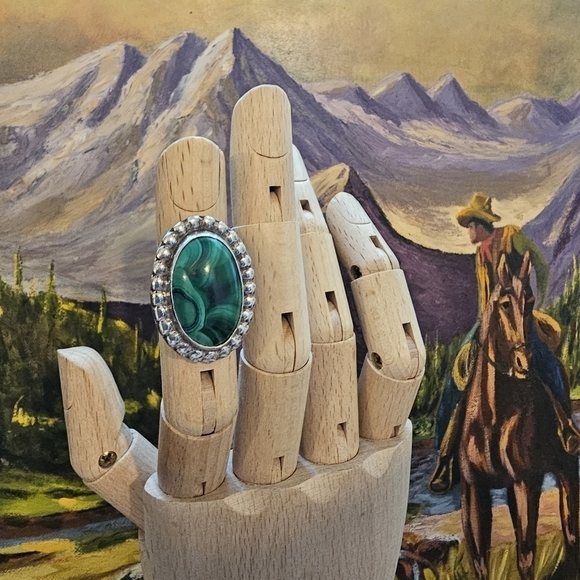 Vintage Sterling Silver Malachite Stone Statement Ring Oval Round - Picture 1 of 10